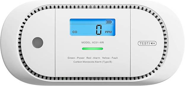 Alarm oxidu uhoľnatého s digitálnym displejom zobrazujúcim '0 PPM'. Viditeľné sú tlačidlá pre 'Test/Reset' a indikátory napájania, alarmu a poruchy.