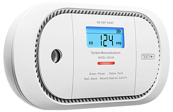 Alarm oxidu uhoľnatého s digitálnym displejom zobrazujúcim úroveň 124 ppm a výstražný symbol CO. Tlačidlá zahŕňajú možnosti testovania a manuálneho reštartu.