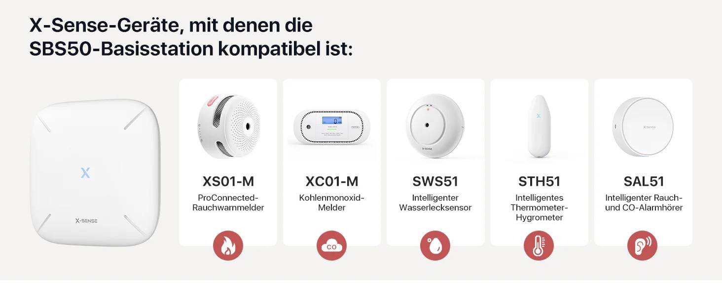 'X-Sense zariadenia kompatibilné so základňovou stanicou SBS50: detektor dymu, detektor oxidu uhoľnatého, senzor úniku vody, teplomer a vlhkomer, kombinovaný alarm dymu a oxidu uhoľnatého.'
