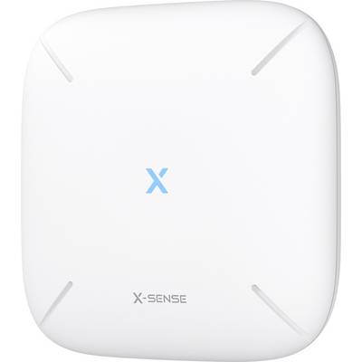 Biely štvorcový detektor dymu alebo oxidu uhoľnatého s označením 'X-Sense' a modrým logom 'X' v strede.