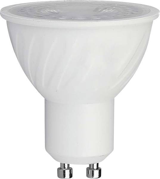 Biela LED žiarovka so základňou GU10, umiestnená pred jednoduchým pozadím. Žiarovka má na svojom kryte špirálový dizajn.
