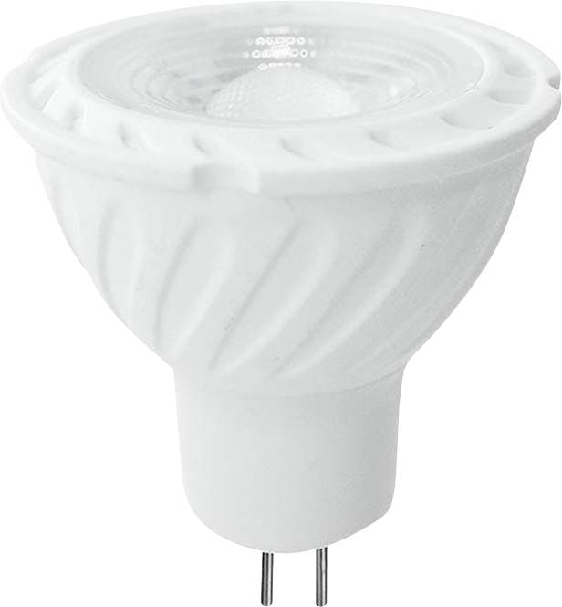 Biely LED bodový reflektor so špendlíkovou päticou, s textúrovaným povrchom a kompaktným dizajnom, ktorý sa bežne používa pre energeticky úsporné osvetlenie.