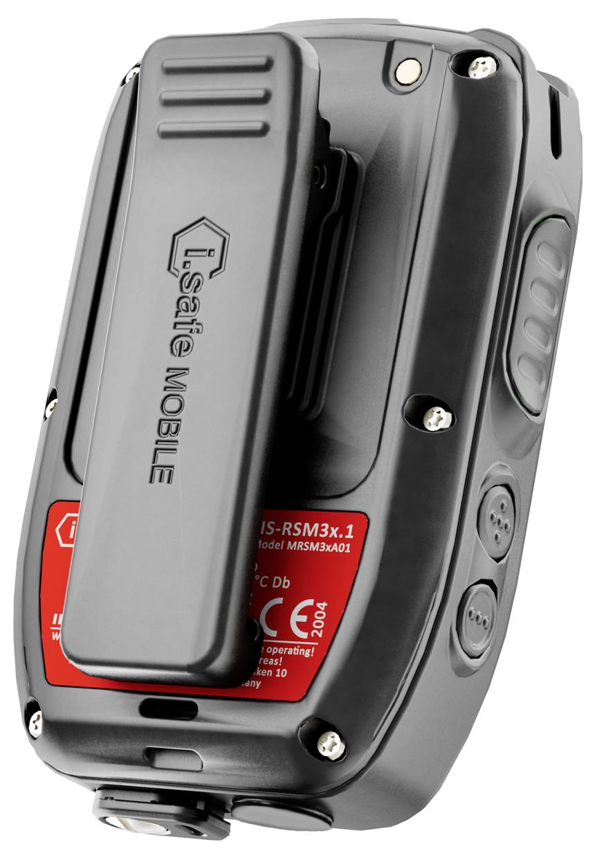 Čierne a červené odolné komunikačné zariadenie s klipom označeným 'i.safe MOBILE', navrhnuté na použitie v náročných prostrediach.