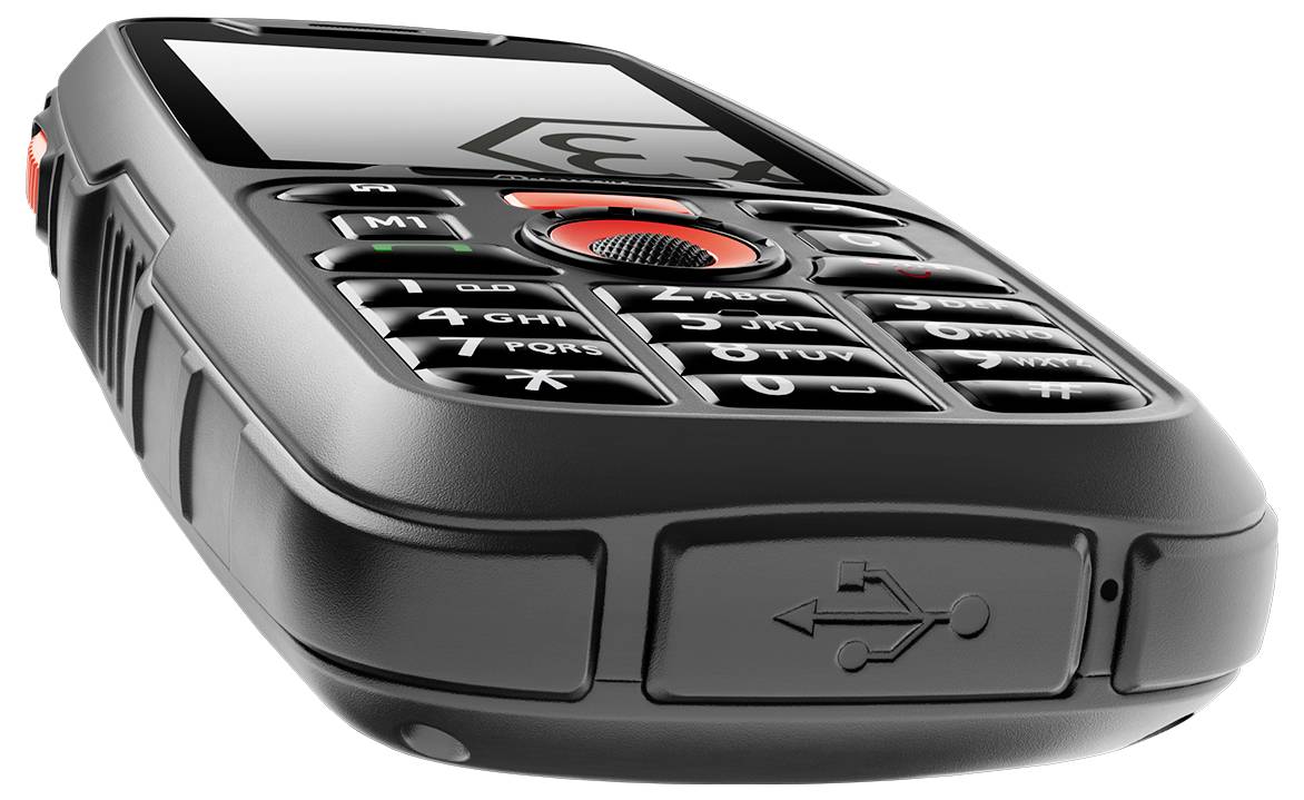 Čierny mobilný telefón s veľkými tlačidlami navrhnutými pre ľahšiu dostupnosť, s červeným núdzovým tlačidlom na boku a USB portom na spodnej strane.