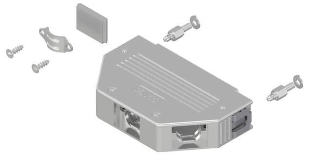 Rozobraté strieborné kovové elektronické púzdro so skrutkami, montážnou konzolou a konektormi. Súčasti są zobrazené z rôznych uhlov.