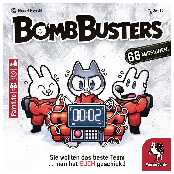 Tri kreslené postavy sa pokúšajú zneškodniť bombu zobrazujúcu '00:02'. Text: 'BombBusters', '66 misií!', rodinná hra, vek 10+.