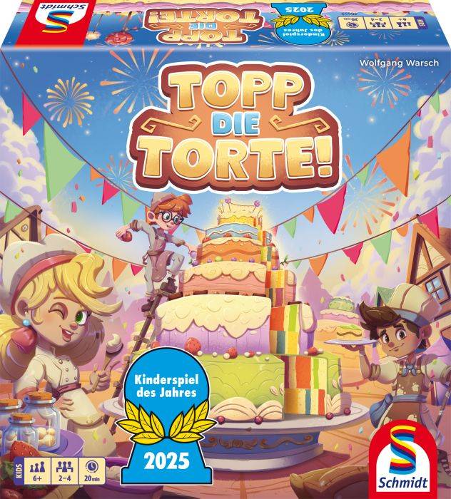 Farebná krabica spoločenskej hry zobrazujúca veľkú, vyzdobenú tortu s kreslenými postavičkami. Zobrazený je text 'Topp die Torte!' a 'Kinderspiel des Jahres 2025', čo naznačuje, že ide o ocenenú hru pre deti od 6 rokov.