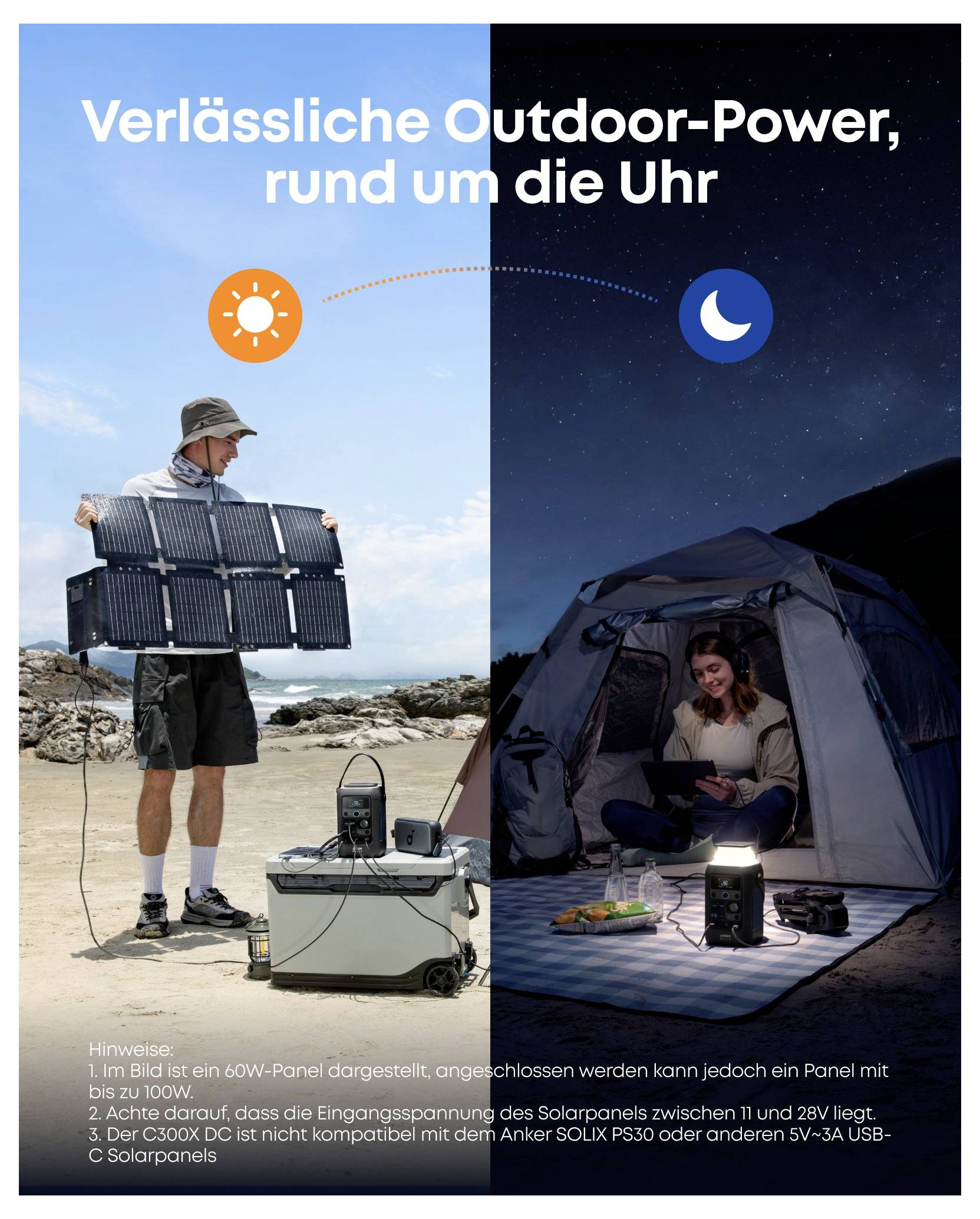 Obrázok ukazujúci muža so solárnymi panelmi vľavo počas dňa a ženu používajúcu solárnu energiu v stane v noci, ilustrujúci nepretržitú 24/7 spoľahlivú vonkajšiu elektrickú energiu.