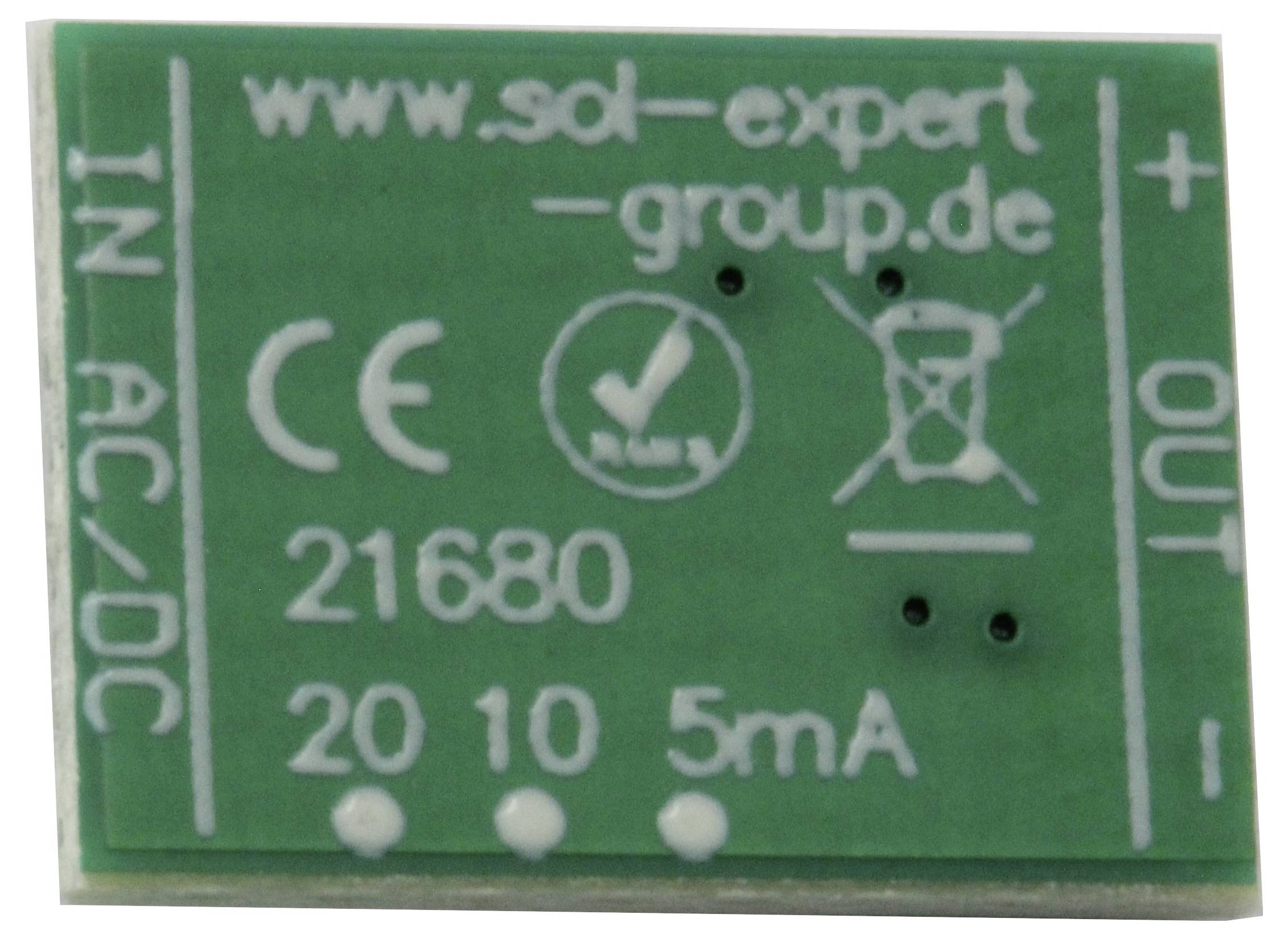 Malá, zelená elektronická DPS označená textom 'www.sol-expert-group.de', 'IN AC/DC', 'OUT', '21680', '2010' a '5mA'. Obsahuje certifikačné logá.
