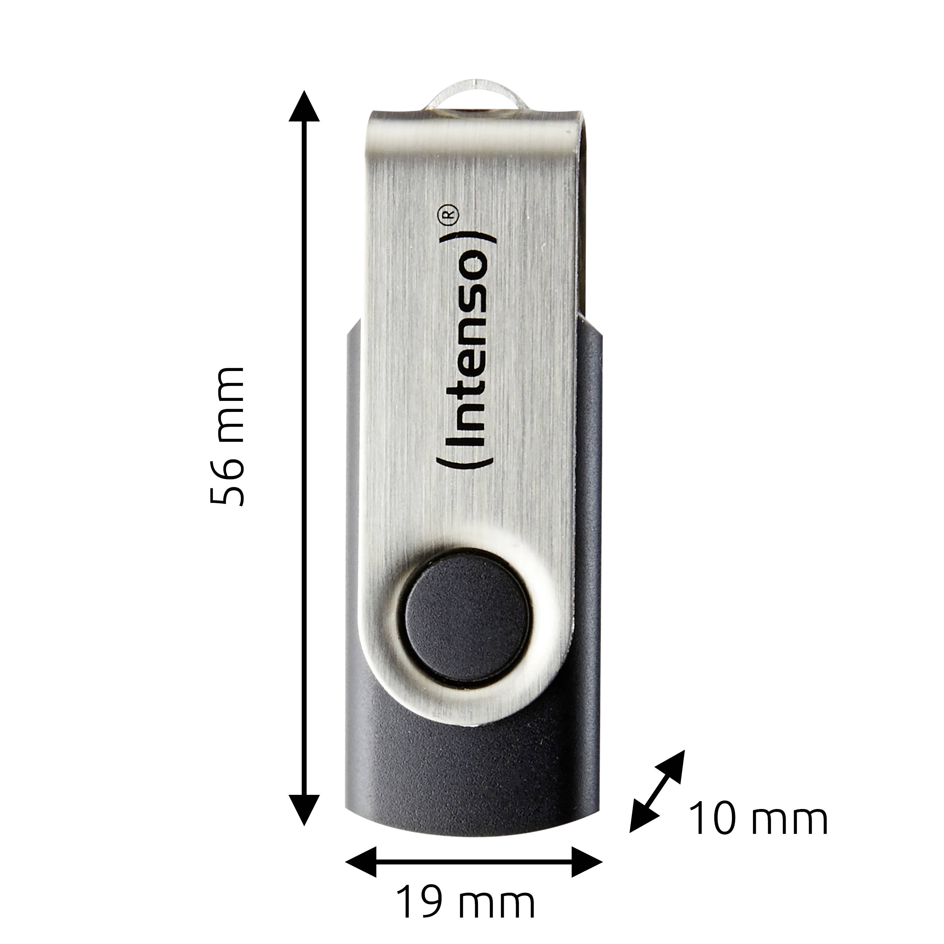 USB kľúč s otočným kovovým krytom označený 'Intenso' s rozmermi 56 mm x 19 mm x 10 mm zobrazený so šípkami.