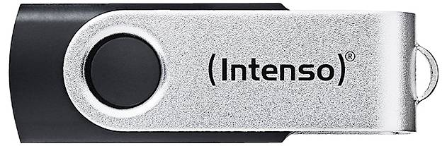 Kovový USB flash disk so značkou "Intenso", čiastočne zobrazený, s elegantným, kompaktným dizajnom a otočným krytom.