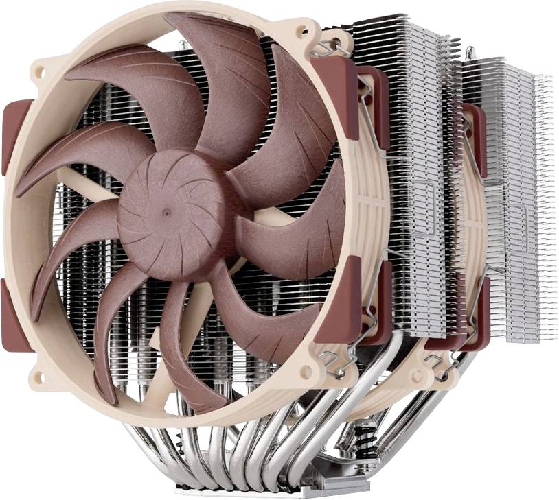 Chladič CPU s veľkým hnedým ventilátorom a viacerými striebornými chladičmi, navrhnutý na efektívne rozptyľovanie tepla.