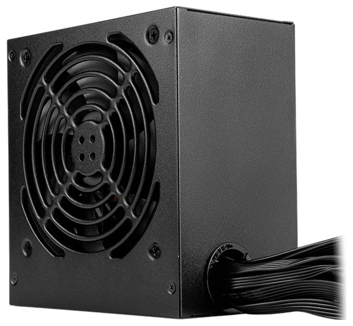 Čierna počítačová napájacia jednotka s ventilátorom na ľavej strane a káblami vyčnievajúcimi z pravej strany.