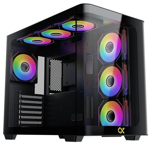 Priehľadný počítačový kryt s pestrofarebným RGB osvetlením na ventilátoroch a vnútorných komponentoch, navrhnutý pre high-end herné počítače alebo náročné kreatívne úlohy.