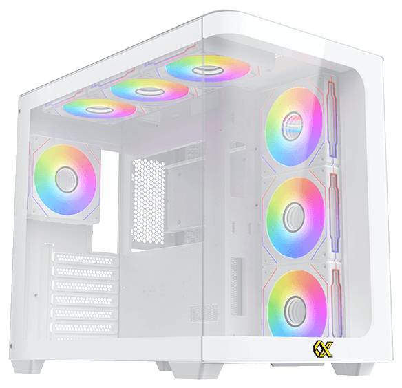 Biely počítačový kryt s viacerými RGB ventilátormi, ktoré zobrazujú žiarivé farby. Bočný panel je priehľadný a odhaľuje vnútorné komponenty.