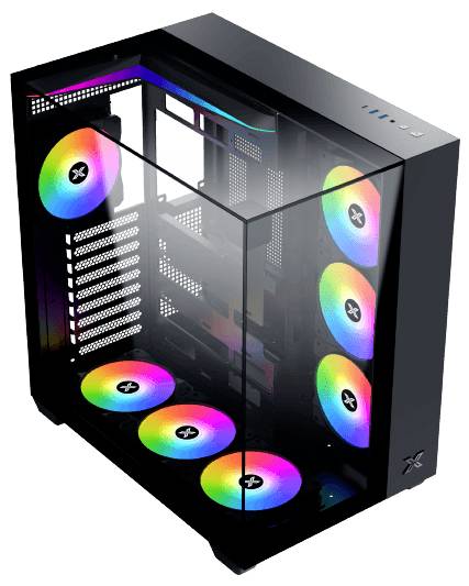 Herný počítačový tower s priesvitným bočným panelom, ktorý vystavuje vnútorné komponenty a farebné RGB osvetlenie z viacerých ventilátorov.