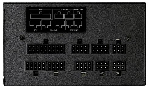 Zadný panel napájacieho zdroja s viacerými modulárnymi konektormi pre káble, označenými pre zariadenia ako CPU, PCIe a SATA, zobrazený v obdĺžnikovom usporiadaní.