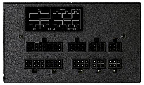 Napájací zdroj s viacerými označenými konektormi vrátane výstupov pre CPU, PCIe a SATA.