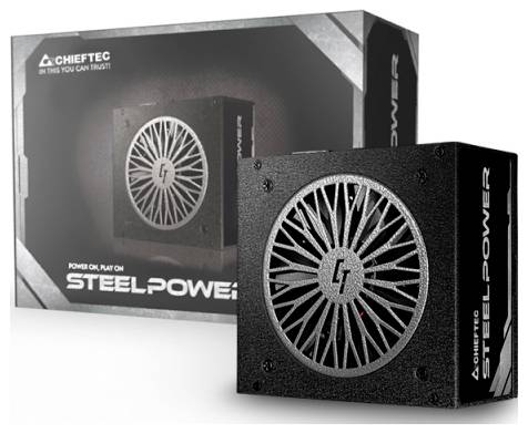 Počítačový zdroj Chieftec SteelPower s ventilátorom na vrchu, viacerými konektorovými portami na boku a čiernym krytom.