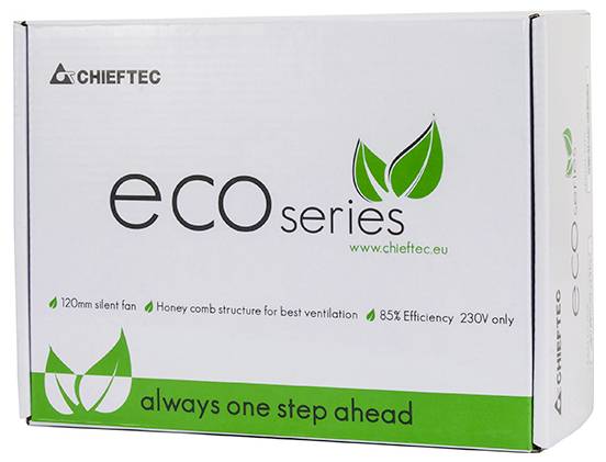 Séria skríň CHIEFTEC eco s dizajnom zeleného listu; funkcie zahŕňajú 120mm tichý ventilátor, štruktúru honeycomb pre ventiláciu, účinnosť 85%.