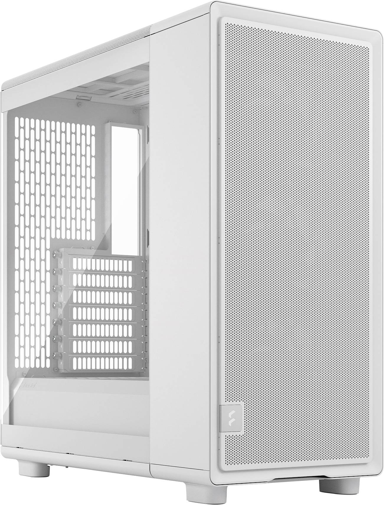 Elegantný biely počítačový kryt s mriežkovaným predným panelom a priehľadnou bočnou stranou, navrhnutý pre zlepšené vetranie a prezentáciu vnútorných komponentov.