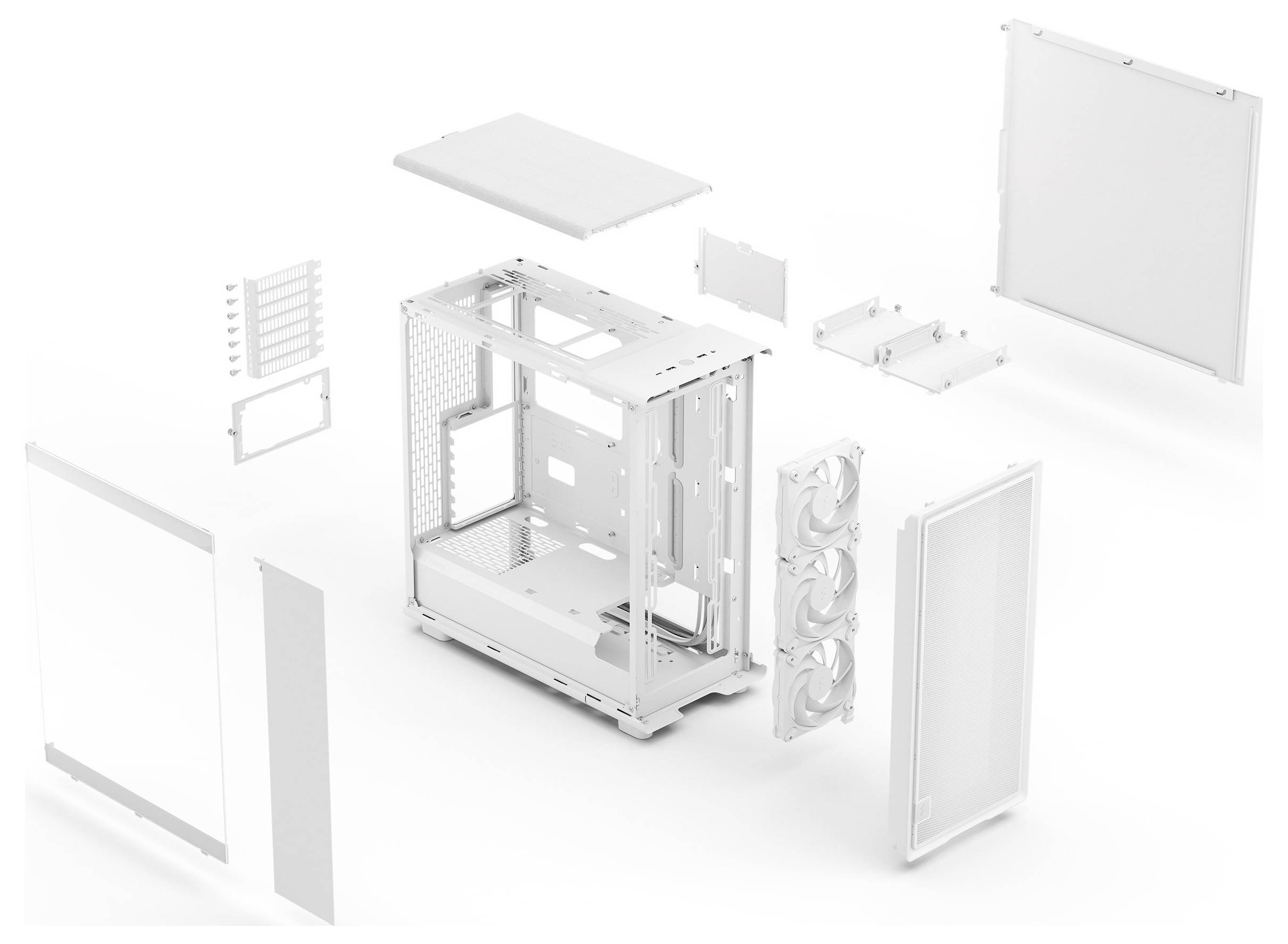 Rozložený pohľad na počítačovú skrinku zobrazujúci jej rám, bočné panely a vnútorné komponenty ako ventilátory. Komponenty sú rozmiestnené v 3D priestore.