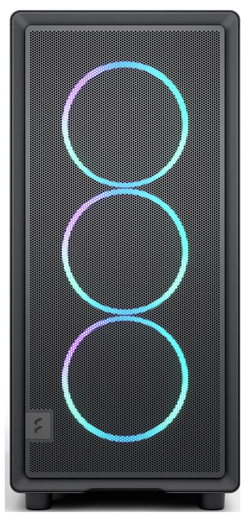 Čierny počítačový box s troma kruhovými RGB LED ventilátormi na prednej strane, každý svietiaci vo viacerých farbách, vytvárajúci živý a pestrý vzhľad.