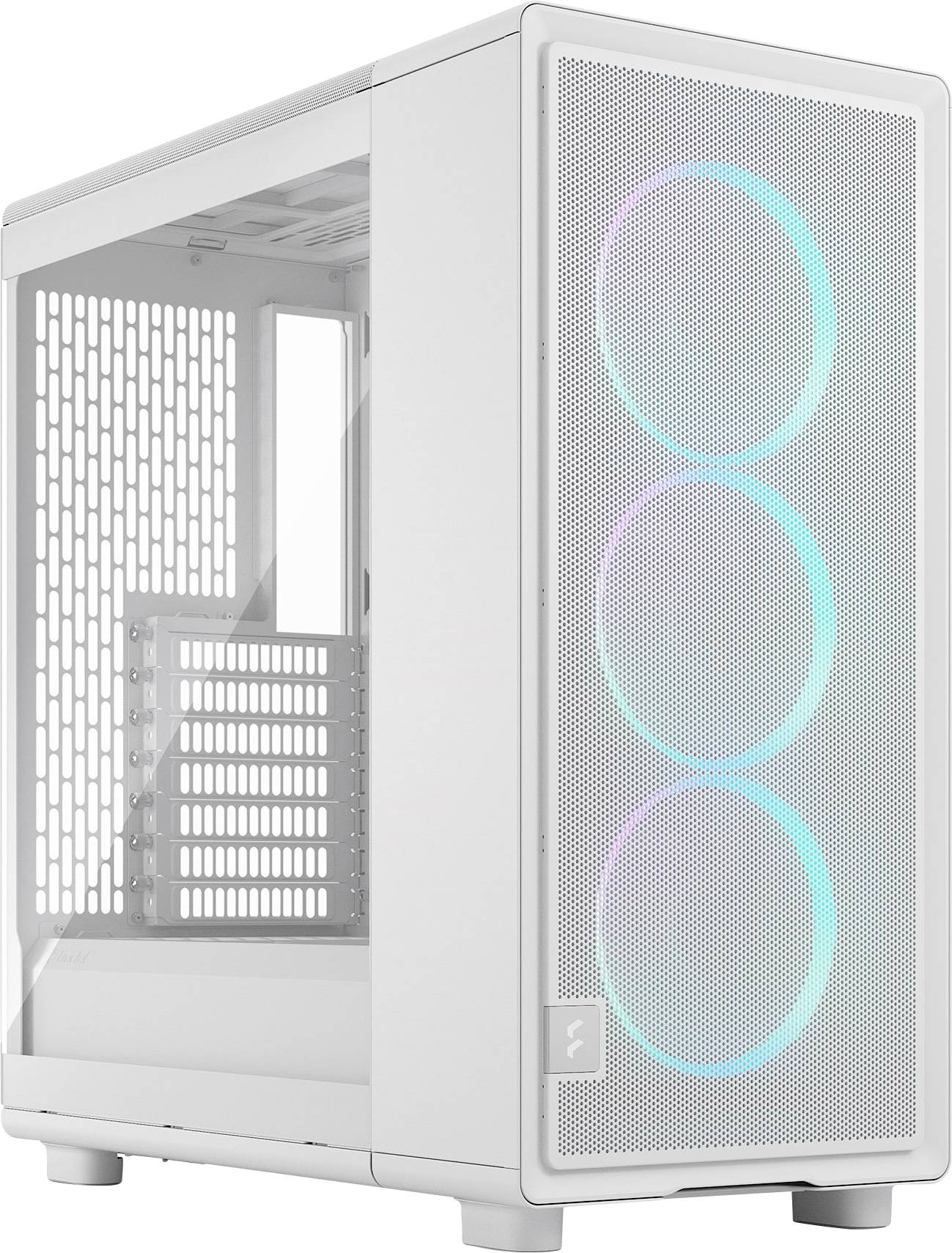 Biely počítačový kryt s mriežkovaným predným panelom má tri chladiace ventilátory s RGB podsvietením, pohľad je spredu pod uhlom.