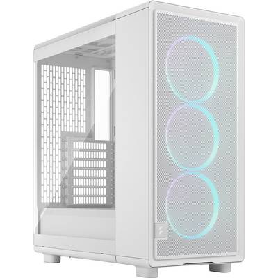 Biely počítačový kryt s mriežkovaným predným panelom má tri chladiace ventilátory s RGB podsvietením, pohľad je spredu pod uhlom.