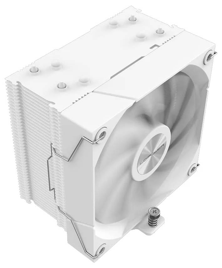 Biely počítačový chladiaci ventilátor so vrstvou chladičových rebier a lopatkami ventilátora, navrhnutý na efektívne rozptyľovanie tepla v elektronických zariadeniach.