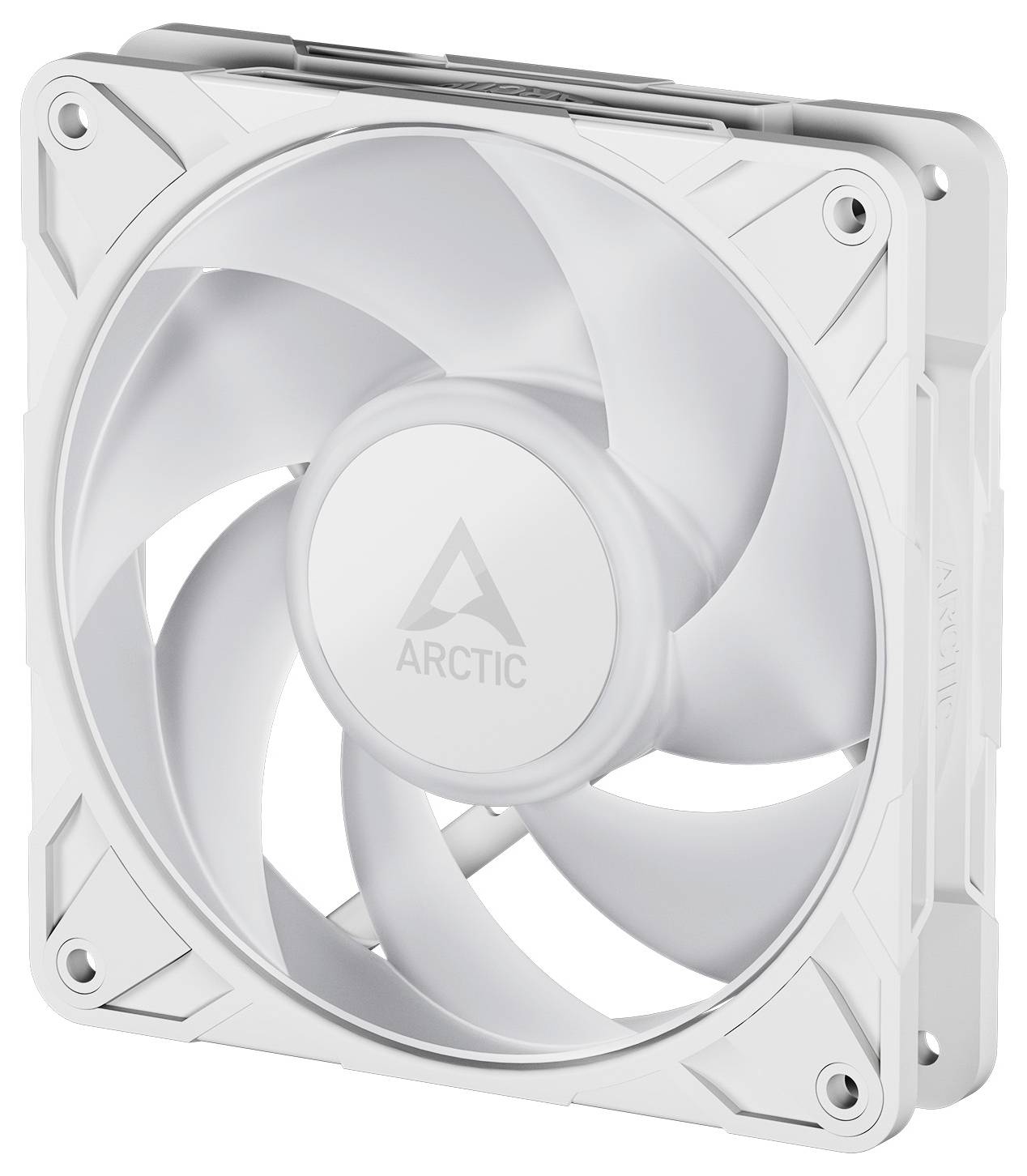 Biely ARCTIC PC chladiaci ventilátor s tromi viditeľnými listami, navrhnutý pre počítačové skrinky. Ventilátor má štvorcový rám a stredový logo.