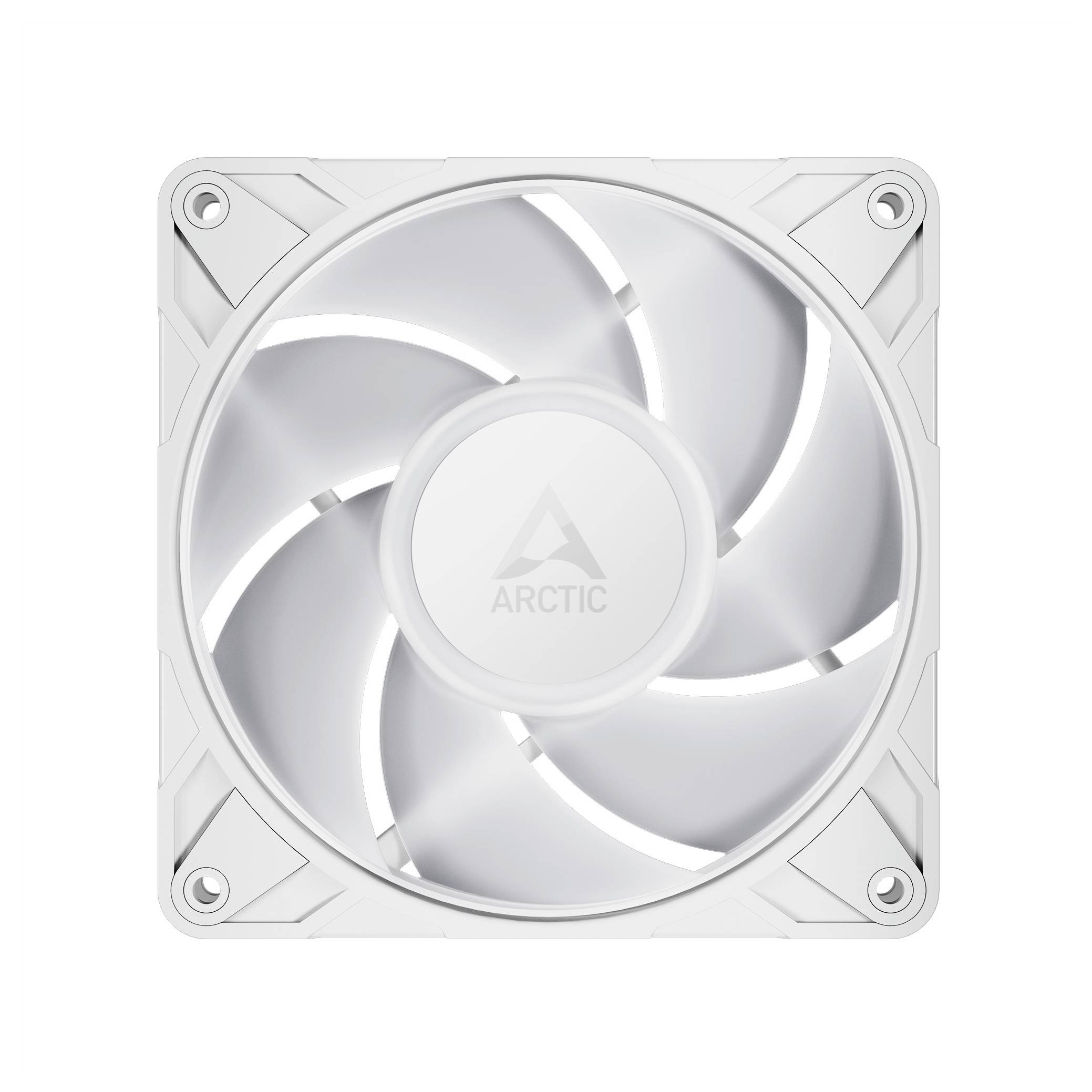 Biely arktický počítačový chladiaci ventilátor so štvorcovým rámom a hladkými, zakrivými listami, navrhnutý pre efektívne vetranie v počítačoch.