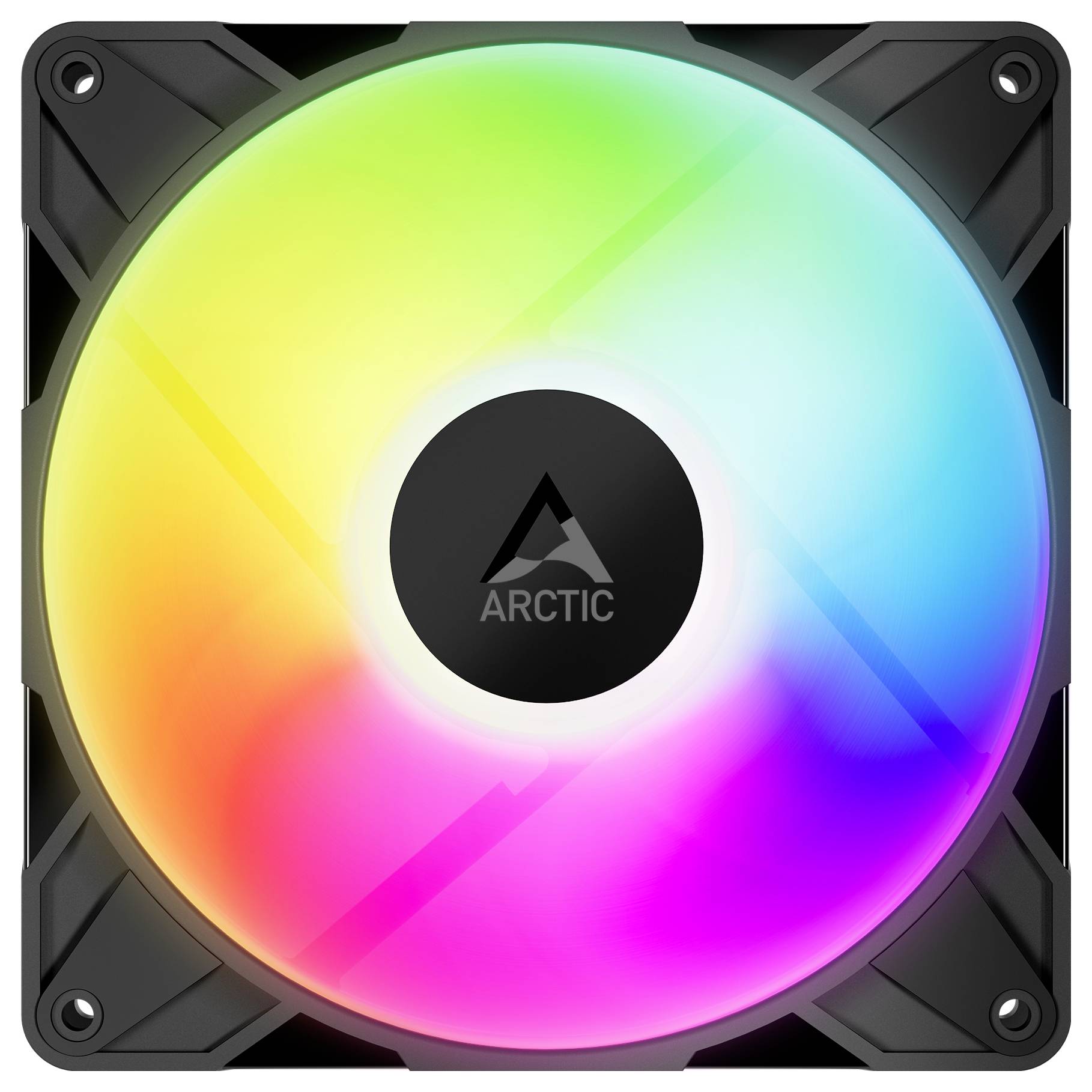Počítačový ventilátor značky 'ARCTIC' s RGB podsvietením, ktorý disponuje živým viacfarebným svetelným vzorom s farebnými odtieňmi žltej, modrej a ružovej.