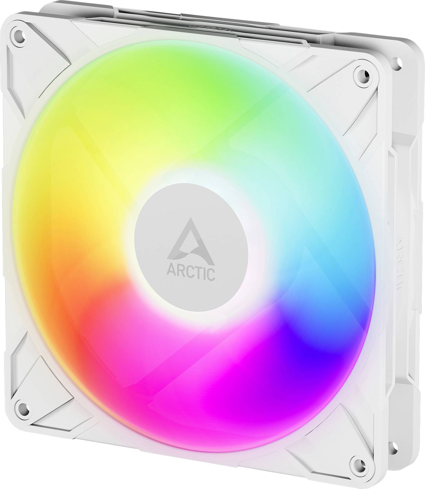 Štvorčekový počítačový chladiaci ventilátor s osvetleným dúhovým LED svetlom, s logom značky 'Arctic' v strede.