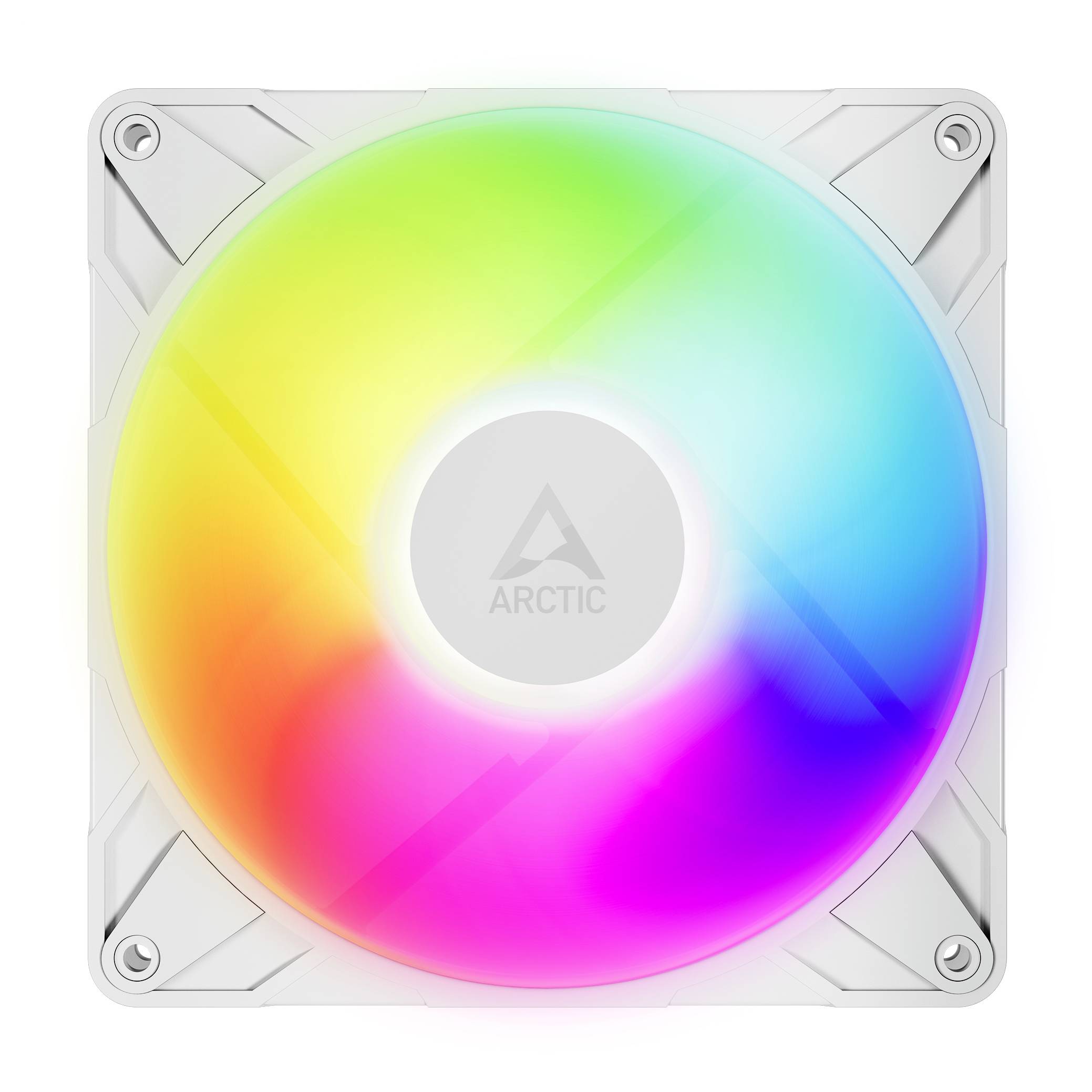 Počítačový chladiaci ventilátor so živým RGB osvetlením, ktorý zobrazuje spektrum farieb v kruhovom vzore. V strede je zobrazené firemné logo 'Arctic'.