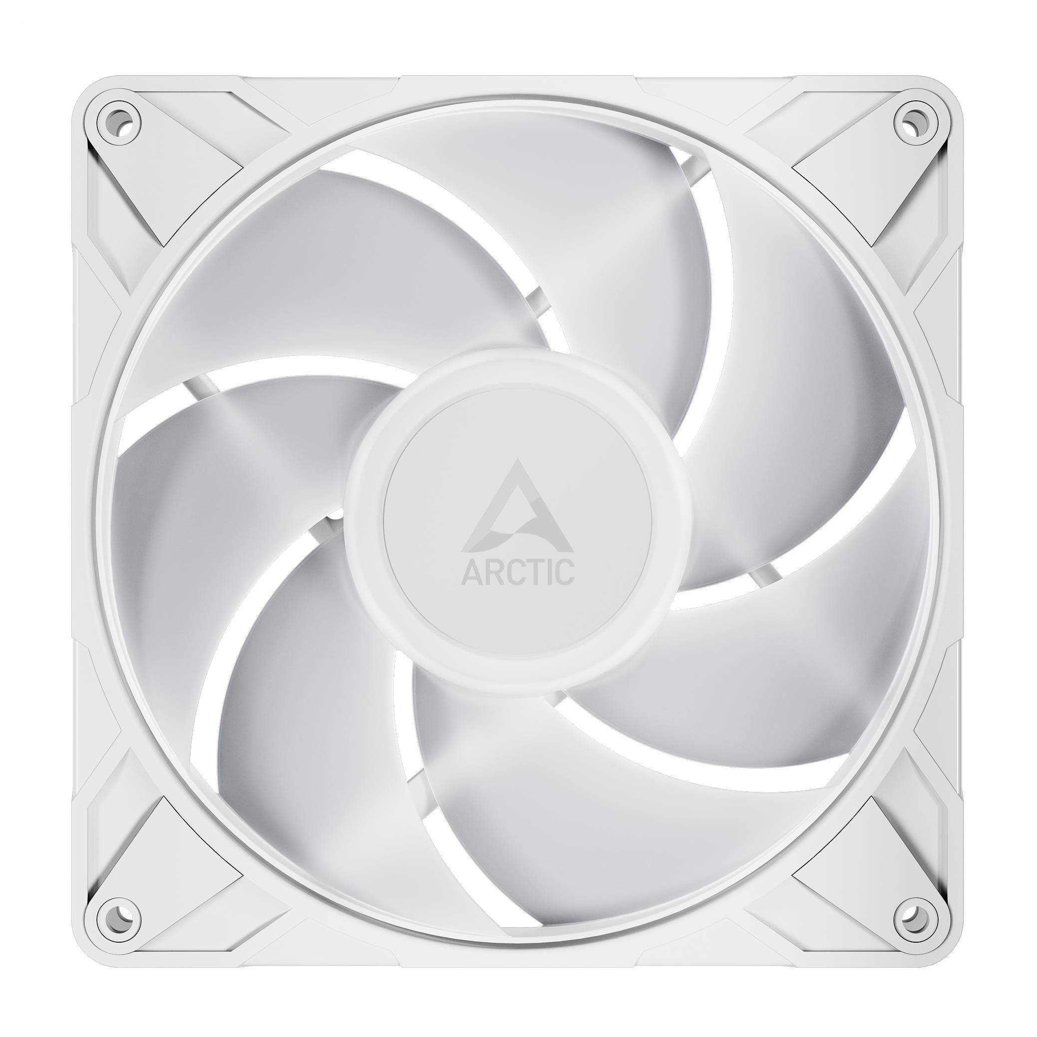 Štvorcový biely počítačový chladiaci ventilátor so siedmimi lopatkami a centrálnym nábojem označeným "Arctic".