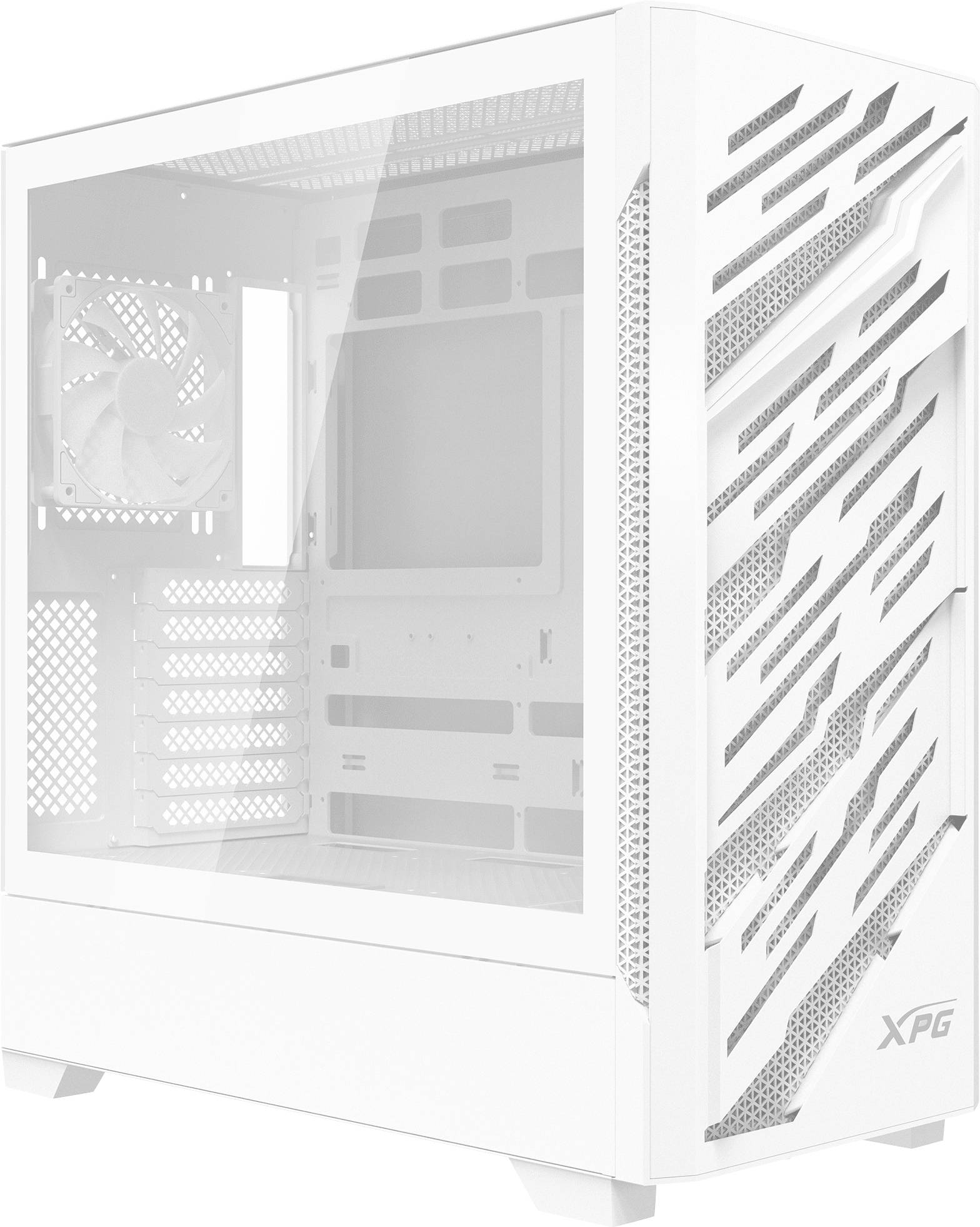 Biela počítačová skrinka s predným panelom z mriežky a tvrdeným sklom na boku, zobrazujúca vnútorné sloty pre komponenty, označená značkou 'XPG'.