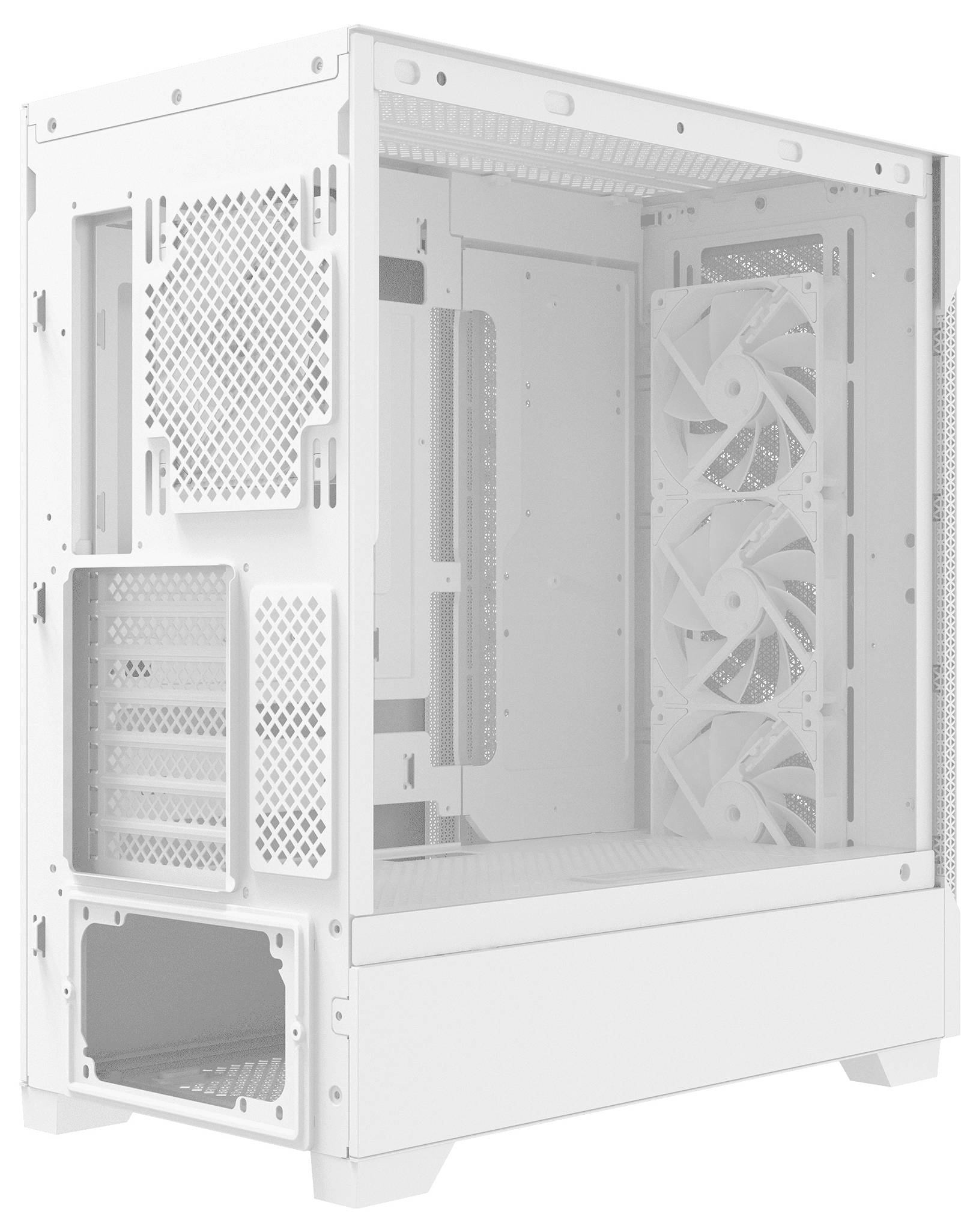 Biely počítačový kryt s mriežkovaným bočným panelom a tromi veľkými chladiacimi ventilátormi viditeľnými vnútri, navrhnutý pre montáž PC a vetranie.