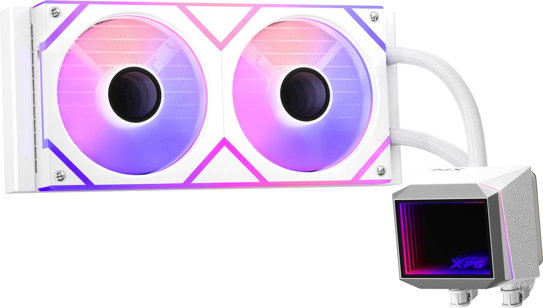 Biely RGB systém kvapalinového chladenia s dvoma ventilátormi a čerpadlom s LED podsvietením, určený pre chladenie počítačových komponentov.