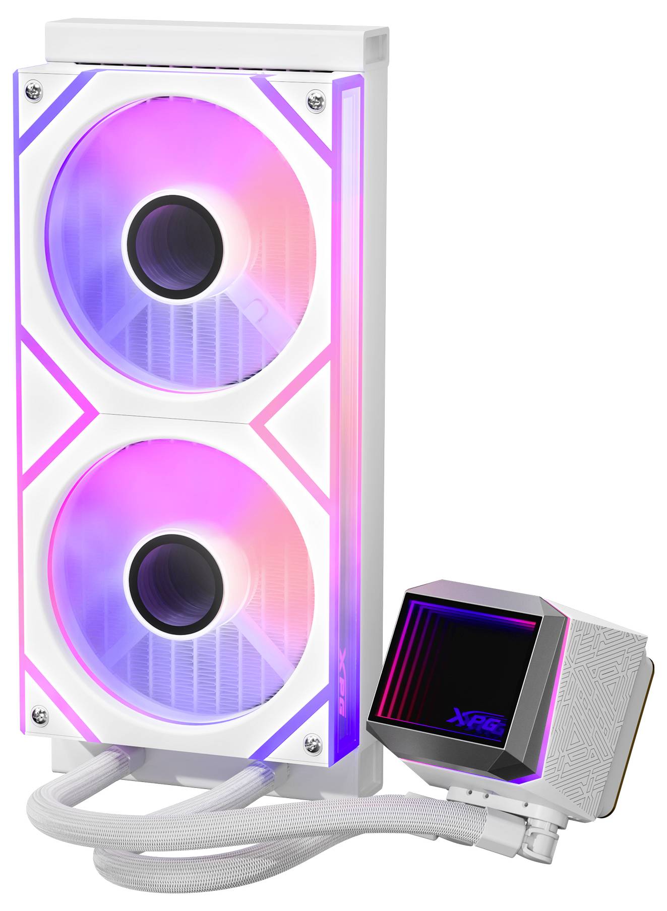Kvapalinový chladiaci systém s dvoma RGB ventilátormi a pumpou s farebnými svetlami, navrhnutý na zlepšenie chladenia počítača.