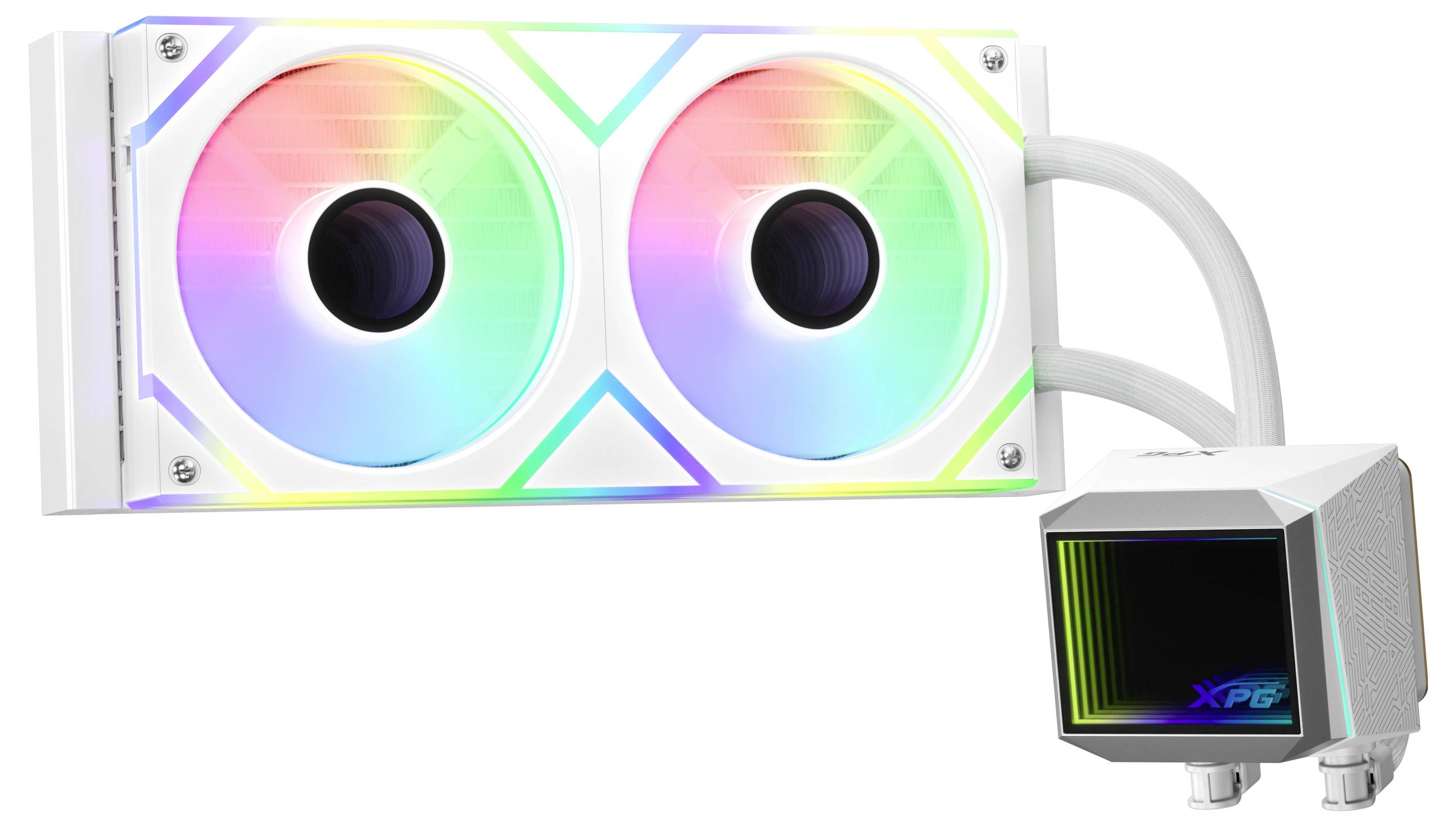 Kvapalinový chladič CPU s dvoma veľkými farebnými LED ventilátormi a obdĺžnikovým blokom označeným 'XPG', prepojený bielymi hadicami.