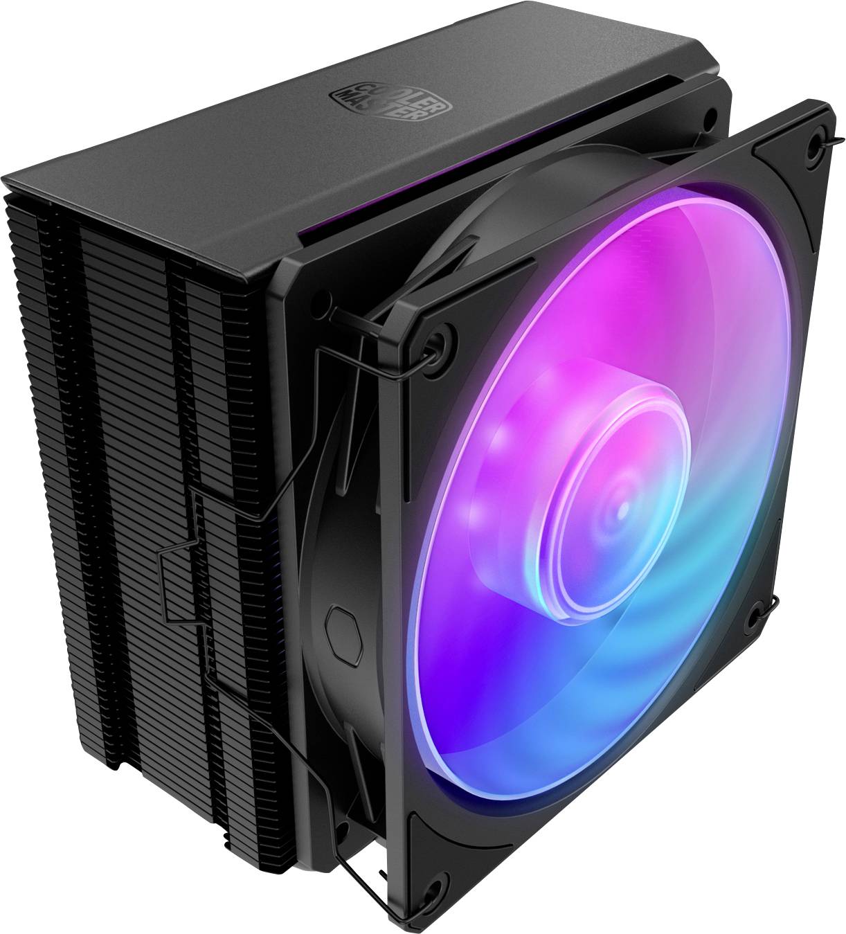 Chladič procesora počítača s veľkým, jasným RGB ventilátorom zobrazujúcim viaceré farby, pripevnený k čiernemu chladiču s vertikálnymi rebrami.
