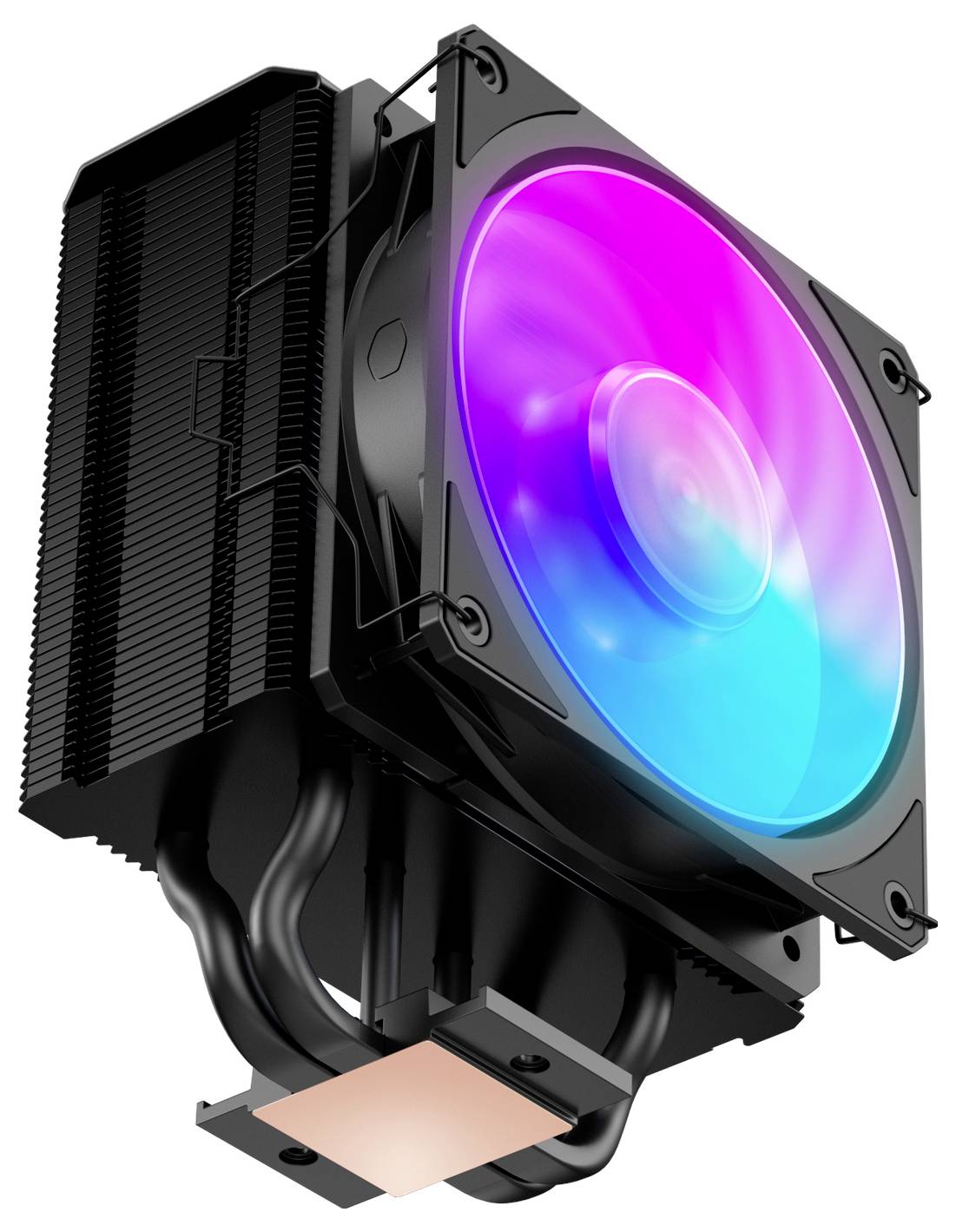 Čierny chladič CPU pre počítač s veľkým ventilátorom vyžarujúcim jasné RGB podsvietenie, vybavený štyrmi tepelnými rúrkami a medenou základňou pre rozptyl tepla.