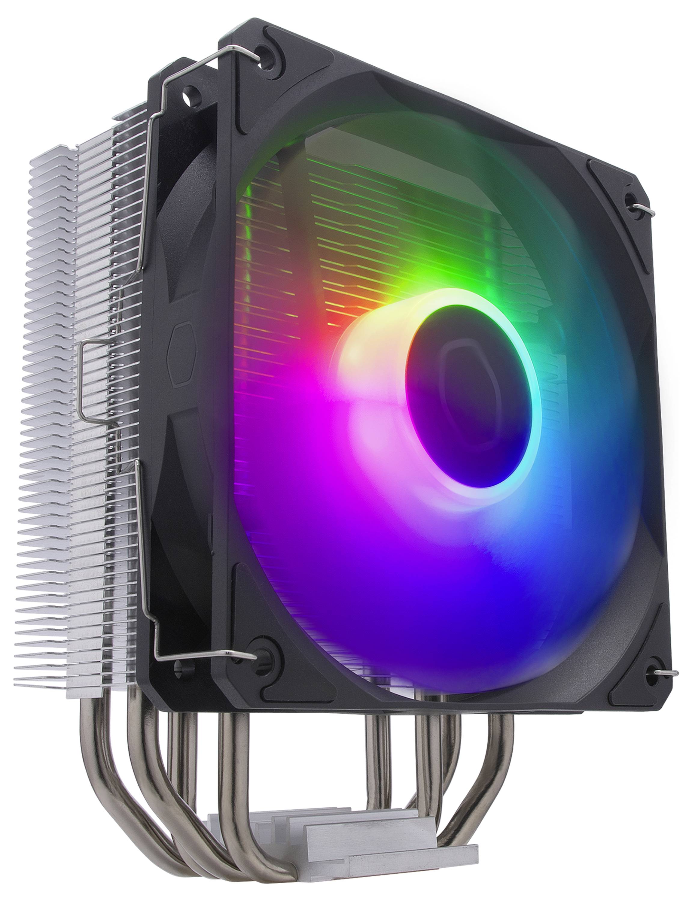Počítačový chladič CPU s veľkým ventilátorom s dúhovým LED podsvietením a kovovými tepelnými rozptyľovačmi, navrhnutý pre tepelný manažment.