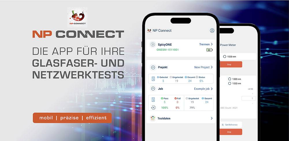 Dva smartfóny zobrazujú výsledky z aplikácie 'NP Connect', ktorá slúži na testovanie optických sietí a sieťového pripojenia. Text znie: 'Aplikácia pre vaše testy optických a sieťových pripojení.'