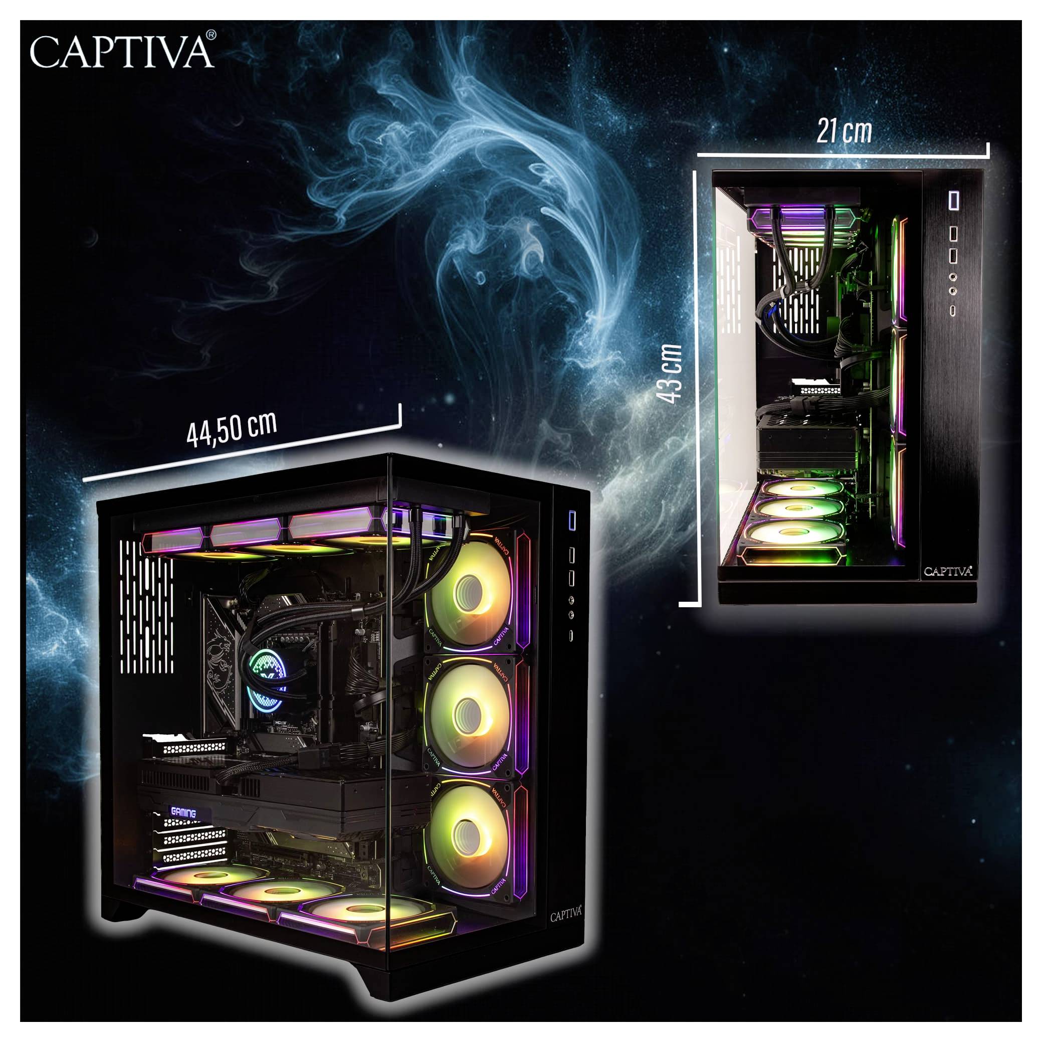Obrázok zobrazuje dva herné počítače s RGB podsvietením. Ľavý PC má šírku 44,50 cm, zatiaľ čo pravý PC má šírku 21 cm a výšku 39 cm.