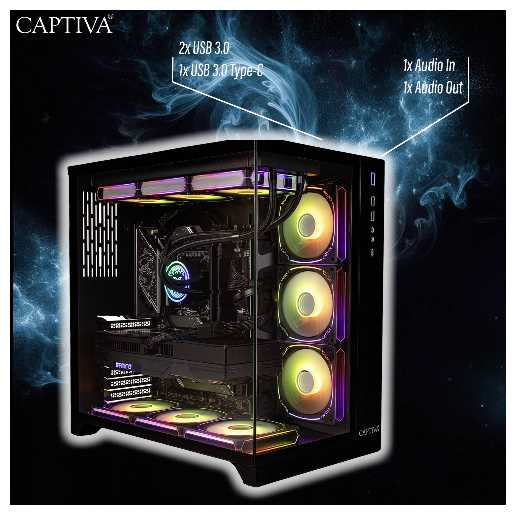 Herný počítač s RGB podsvietením, vybavený 2x USB 3.0, 1x USB 3.0 Type-C, 1x Audio In a 1x Audio Out, značky Captiva.