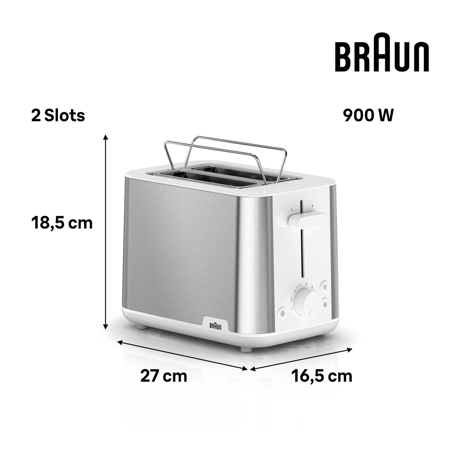 Strieborný toster s 2 otvormi, s výkonom 900 W, s rozmermi: 27 cm dĺžka, 16,5 cm šírka, 18,5 cm výška, s nastaviteľným ovládaním stupňa opečenia.