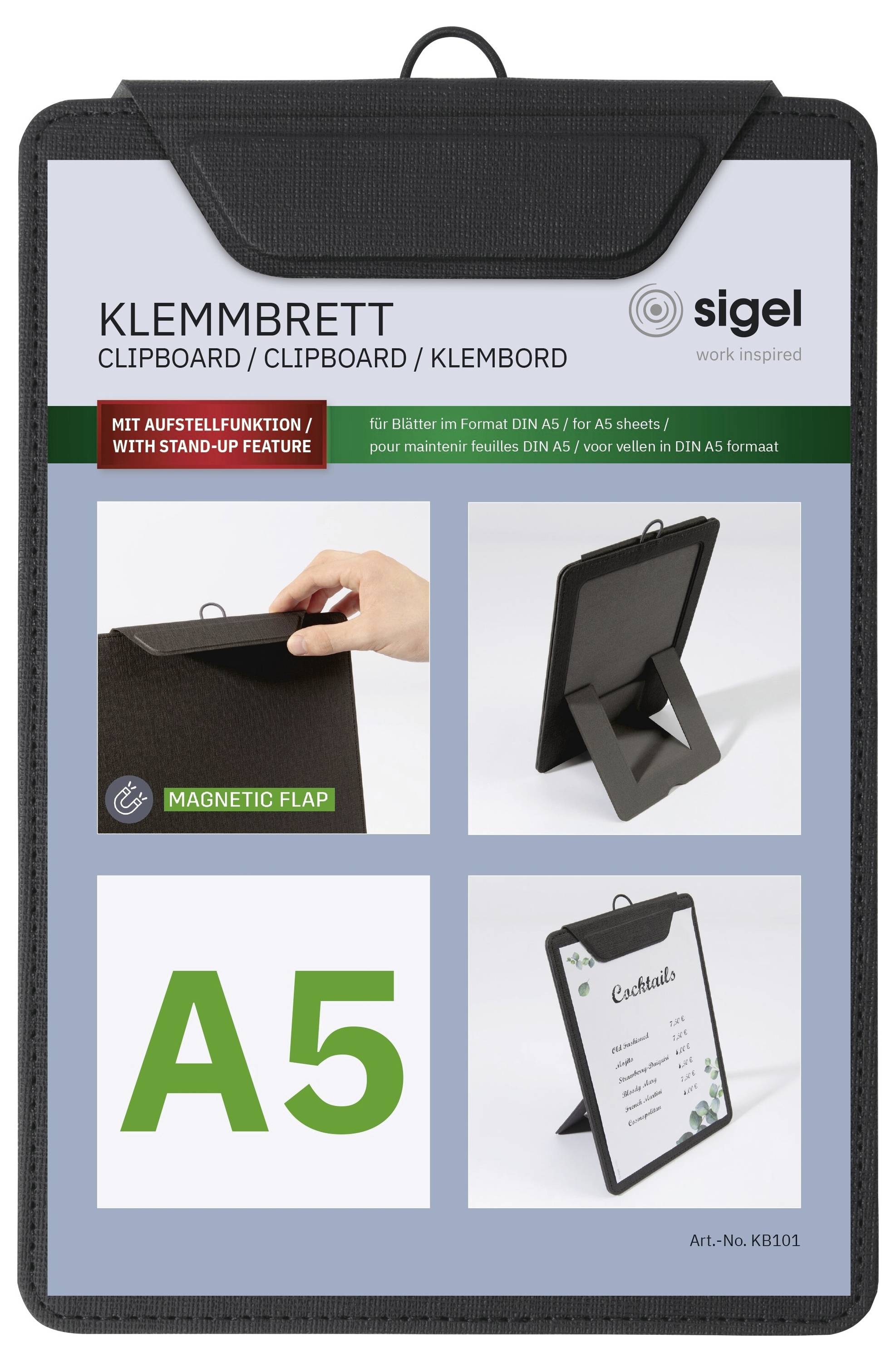 Čierna doska Sigel s magnetickým chlopňou a funkciou stojanu, zobrazená na obale produktu s veľkosťou A5 a stojaciou podperou.
