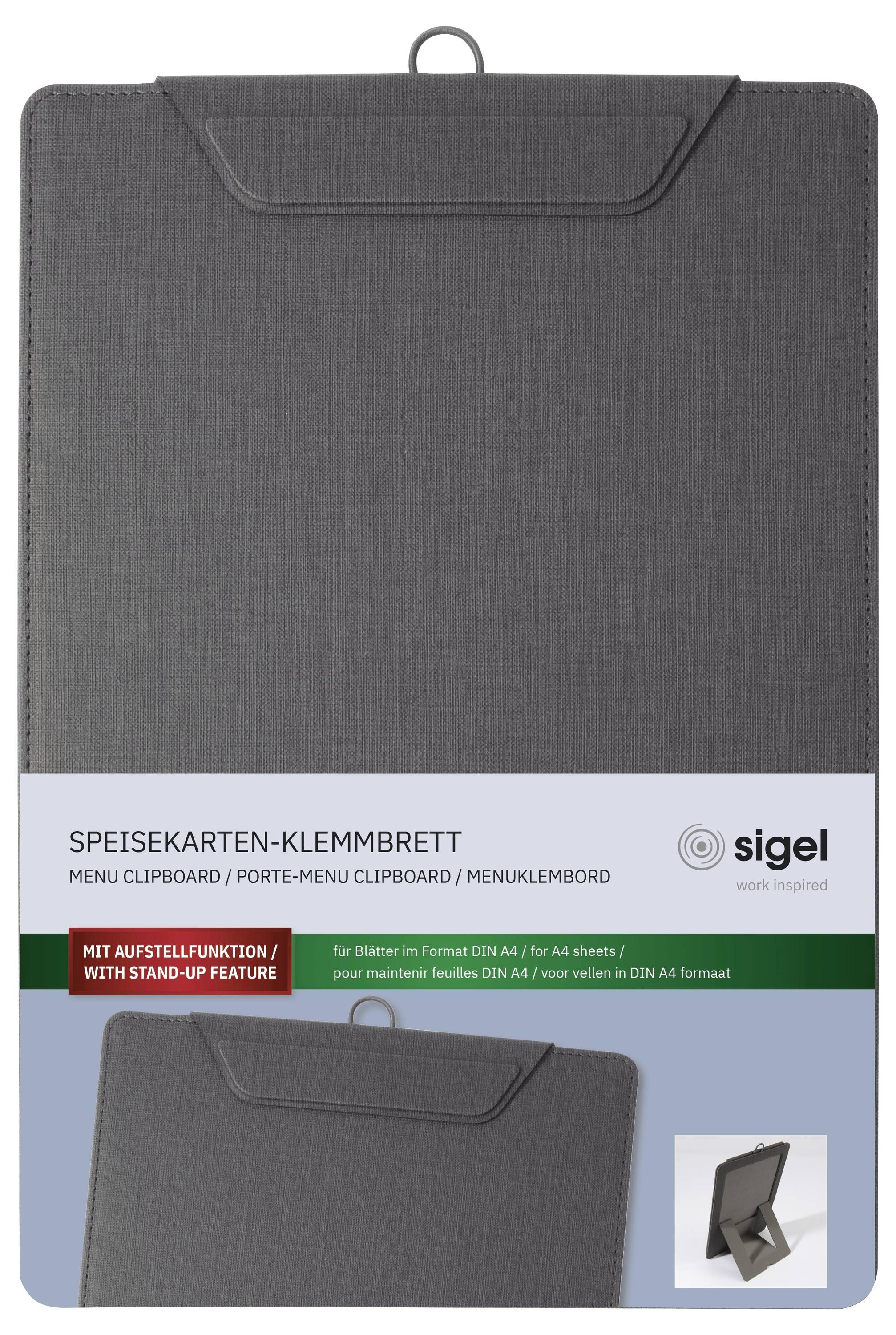 Sivá textilná ponuka s klipom na držanie poznámok a funkciou stojiaceho podstavca, zobrazená s balením označeným "Speisekarten-Klemmbrett" od spoločnosti sigel.